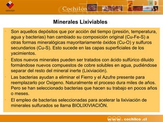 4CODELCO API M06DE03 “Proyecto Desarrollo Continuo de Túneles” w w w . cochilco .cl
Minerales Lixiviables
• Son aquellos depósitos que por acción del tiempo (presión, temperatura,
agua y bacterias) han cambiado su composición original (Cu-Fe-S) a
otras formas mineralógicas mayoritariamente óxidos (Cu-O) y sulfuros
secundarios (Cu-S). Esto sucede en las capas superficiales de los
yacimientos.
• Estos nuevos minerales pueden ser tratados con ácido sulfúrico diluido
formándose nuevos compuestos de cobre solubles en agua, pudiéndose
separar del resto del mineral inerte (Lixiviación).
• Las bacterias ayudan a eliminar el Fierro y el Azufre presente para
reemplazarlo por Oxigeno. Naturalmente el proceso dura miles de años.
Pero se han seleccionado bacterias que hacen su trabajo en pocos años
o meses.
• El empleo de bacterias seleccionadas para acelerar la lixiviación de
minerales sulfurados se llama BIOLIXIVIACIÓN.
 
