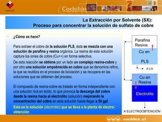 8CODELCO API M06DE03 “Proyecto Desarrollo Continuo de Túneles” w w w . cochilco .cl
La Extracción por Solvente (SX):
Proceso para concentrar la solución de sulfato de cobre
• ¿Cómo se hace?
• Para extraer el cobre de la solución PLS, ésta se mezcla con una
solución de parafina y resina orgánica. La resina de esta solución
captura los iones de cobre (Cu++) en forma selectiva.
• De esta reacción se obtiene por un lado un complejo resina-cobre y
por otro una solución empobrecida en cobre que se denomina refino,
la que se reutiliza en el proceso de lixiviación y se recupera en las
soluciones que se obtienen del proceso.
El compuesto de resina-cobre es tratado en forma independiente con
una solución rica en ácido, lo que provoca la descarga del cobre
desde la resina hacia el electrolito (solución) mejorando la
concentración del cobre en esta solución hasta llegar a 50 gpl.
• Esta es la solución (electrolito) que se lleva a la planta de electro-
obtención
Cu en
PLS
Parafina
Resina
Cu en
Resina
Electrolito
A LIX
A ELECTROOBTENCIÓN
 