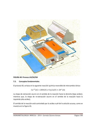 HIDROMETALURGIA IMIN316 – 2014 - Germán Cáceres Arenas Página 108
FIGURA 40: Proceso LIX/SX/EW
7.2. Conceptos fundamentales
El proceso SX, se basa en la siguiente reacción química reversible de intercambio iónico:
La etapa de extracción ocurre en el sentido de la reacción hacia la derecha (baja acidez);
mientras que, la etapa de re-extracción ocurre en el sentido de la reacción hacia la
izquierda (alta acidez).
El sentido de la reacción está controlado por la acidez o pH de la solución acuosa, como se
muestra en la Figura 41.
 