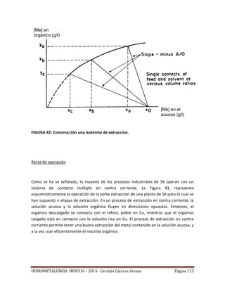 HIDROMETALURGIA IMIN316 – 2014 - Germán Cáceres Arenas Página 113
FIGURA 42: Construcción una isoterma de extracción.
Recta de operación
Como se ha se señalado, la mayoría de los procesos industriales de SX operan con un
sistema de contacto múltiple en contra corriente. La Figura 43, representa
esquemáticamente la operación de la parte extracción de una planta de SX para lo cual se
han supuesto n etapas de extracción. En un proceso de extracción en contra corriente, la
solución acuosa y la solución orgánica fluyen en direcciones opuestas. Entonces, el
orgánico descargado se contacta con el refino, pobre en Cu, mientras que el orgánico
cargado está en contacto con la solución rica en Cu. El proceso de extracción en contra
corriente permite tener una buena extracción del metal contenido en la solución acuosa, y
a la vez usar eficientemente el reactivo orgánico.
[Me] en
orgánico (g/l)
[Me] en el
acuoso (g/l)
 