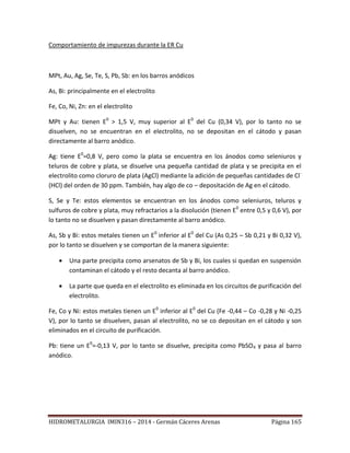 HIDROMETALURGIA IMIN316 – 2014 - Germán Cáceres Arenas Página 165
Comportamiento de impurezas durante la ER Cu
MPt, Au, Ag, Se, Te, S, Pb, Sb: en los barros anódicos
As, Bi: principalmente en el electrolito
Fe, Co, Ni, Zn: en el electrolito
MPt y Au: tienen E0
> 1,5 V, muy superior al E0
del Cu (0,34 V), por lo tanto no se
disuelven, no se encuentran en el electrolito, no se depositan en el cátodo y pasan
directamente al barro anódico.
Ag: tiene E0
=0,8 V, pero como la plata se encuentra en los ánodos como seleniuros y
teluros de cobre y plata, se disuelve una pequeña cantidad de plata y se precipita en el
electrolito como cloruro de plata (AgCl) mediante la adición de pequeñas cantidades de Cl-
(HCl) del orden de 30 ppm. También, hay algo de co – depositación de Ag en el cátodo.
S, Se y Te: estos elementos se encuentran en los ánodos como seleniuros, teluros y
sulfuros de cobre y plata, muy refractarios a la disolución (tienen E0
entre 0,5 y 0,6 V), por
lo tanto no se disuelven y pasan directamente al barro anódico.
As, Sb y Bi: estos metales tienen un E0
inferior al E0
del Cu (As 0,25 – Sb 0,21 y Bi 0,32 V),
por lo tanto se disuelven y se comportan de la manera siguiente:
 Una parte precipita como arsenatos de Sb y Bi, los cuales si quedan en suspensión
contaminan el cátodo y el resto decanta al barro anódico.
 La parte que queda en el electrolito es eliminada en los circuitos de purificación del
electrolito.
Fe, Co y Ni: estos metales tienen un E0
inferior al E0
del Cu (Fe -0,44 – Co -0,28 y Ni -0,25
V), por lo tanto se disuelven, pasan al electrolito, no se co depositan en el cátodo y son
eliminados en el circuito de purificación.
Pb: tiene un E0
=-0,13 V, por lo tanto se disuelve, precipita como PbSO4 y pasa al barro
anódico.
 