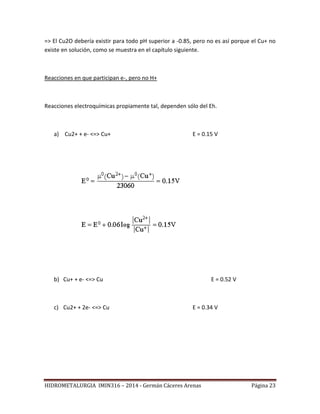 HIDROMETALURGIA IMIN316 – 2014 - Germán Cáceres Arenas Página 23
=> El Cu2O debería existir para todo pH superior a -0.85, pero no es así porque el Cu+ no
existe en solución, como se muestra en el capítulo siguiente.
Reacciones en que participan e-, pero no H+
Reacciones electroquímicas propiamente tal, dependen sólo del Eh.
a) Cu2+ + e- <=> Cu+ E = 0.15 V
b) Cu+ + e- <=> Cu E = 0.52 V
c) Cu2+ + 2e- <=> Cu E = 0.34 V
 