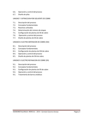 HIDROMETALURGIA IMIN316 – 2014 - Germán Cáceres Arenas Página 3
6.6. Operación y control del proceso
6.7. Diseño de pilas
UNIDAD 7: EXTRACCION POR SOLVENTE DE COBRE
7.1. Descripción del proceso
7.2. Conceptos fundamentales
7.3. Reactivos utilizados
7.4. Determinación del número de etapas
7.5. Configuración de plantas de SX de cobre
7.6. Operación y control del proceso
7.7. Diseño de plantas de SX de cobre
UNIDAD 8: ELECTRO OBTENCION DE COBRE (EW)
8.1. Descripción del proceso
8.2. Conceptos fundamentales
8.3. Configuración de plantas de EW de cobre
8.4. Operación y control del proceso
8.5. Diseño de plantas de EW de cobre
UNIDAD 9: ELECTRO REFINACION DE COBRE (ER)
9.1. Descripción del proceso
9.2. Conceptos fundamentales
9.3. Configuración de plantas de ER de cobre
9.4. Operación y control del proceso
9.5. Tratamiento de barros anódicos
 
