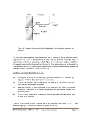 HIDROMETALURGIA IMIN316 – 2014 - Germán Cáceres Arenas Página 33
Figura 9: Esquema de una reacción de lixiviación con disolución completa del
mineral.
Las reacciones heterogéneas son controladas por la velocidad de la reacción química
propiamente tal o por la transferencia de masa de los diversos reactantes hacia la
superficie de contacto de los dos fases. En la figura 9, se muestra un modelo simplificado
de lixiviación, con disolución completa del mineral. Este caso representa la disolución de
especies puras que no forman residuos sólidos como producto de la reacción, tales como
el oro en cianuro, la chalcantita en ácido sulfúrico,...
Las etapas principales de una reacción son :
(1) Transporte de masa de los reactantes gaseosos a través de la interfase gas -
líquido y posterior disolución (cuando es el caso).
(2) Transporte de masa de los reactantes a través de la capa límite solución -
sólido, hacia la superficie del sólido.
(3) Reacción química o electroquímica en la superficie del sólido, incluyendo
adsorción y desorción en la superficie del sólido y/o a través de la doble capa
electroquímica.
(4) Transporte de masa de las especies producidas a través de la capa límite hacia
el seno de la solución.
La etapa controlante de una reacción es la de velocidad más lenta ( R.D.S. : Rate
Determining Step). El control de la reacción global puede ser:
 