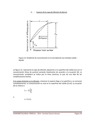 HIDROMETALURGIA IMIN316 – 2014 - Germán Cáceres Arenas Página 38
x : Espesor de la capa de difusión de Nernst
Figura 12: Gradiente de concentración en la vecindad de una interfase sólido -
líquido.
La figura 12, representa la capa de difusión adyacente a la superficie del sólido (x) con la
concentración (línea de puntos) variando linealmente de acuerdo a la ecuación (6). La
concentración verdadera se indica por la línea continua, lo que da una idea de las
simplificaciones hechas.
Si la etapa limitante es la difusión, entonces la especie llega a la superficie y se consume
inmediatamente; su concentración es nula en la superficie del sólido (Cs=0). La ecuación
(6) se reduce a:
o
v = k x C0
 