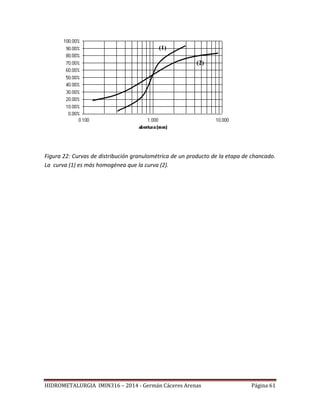 HIDROMETALURGIA IMIN316 – 2014 - Germán Cáceres Arenas Página 61
Figura 22: Curvas de distribución granulométrica de un producto de la etapa de chancado.
La curva (1) es más homogénea que la curva (2).
(1)
(2)
 