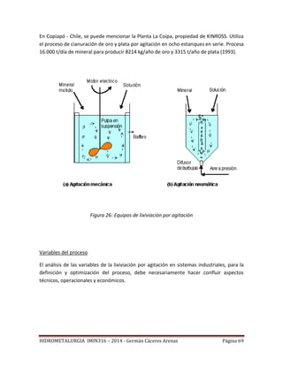 HIDROMETALURGIA IMIN316 – 2014 - Germán Cáceres Arenas Página 69
En Copiapó - Chile, se puede mencionar la Planta La Coipa, propiedad de KINROSS. Utiliza
el proceso de cianuración de oro y plata por agitación en ocho estanques en serie. Procesa
16.000 t/día de mineral para producir 8214 kg/año de oro y 3315 t/año de plata (1993).
Figura 26: Equipos de lixiviación por agitación
Variables del proceso
El análisis de las variables de la lixiviación por agitación en sistemas industriales, para la
definición y optimización del proceso, debe necesariamente hacer confluir aspectos
técnicos, operacionales y económicos.
 