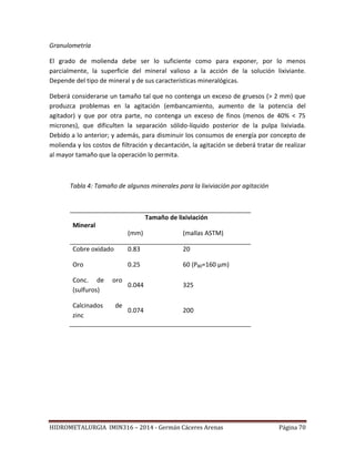 HIDROMETALURGIA IMIN316 – 2014 - Germán Cáceres Arenas Página 70
Granulometría
El grado de molienda debe ser lo suficiente como para exponer, por lo menos
parcialmente, la superficie del mineral valioso a la acción de la solución lixiviante.
Depende del tipo de mineral y de sus características mineralógicas.
Deberá considerarse un tamaño tal que no contenga un exceso de gruesos (> 2 mm) que
produzca problemas en la agitación (embancamiento, aumento de la potencia del
agitador) y que por otra parte, no contenga un exceso de finos (menos de 40% < 75
micrones), que dificulten la separación sólido-líquido posterior de la pulpa lixiviada.
Debido a lo anterior; y además, para disminuir los consumos de energía por concepto de
molienda y los costos de filtración y decantación, la agitación se deberá tratar de realizar
al mayor tamaño que la operación lo permita.
Tabla 4: Tamaño de algunos minerales para la lixiviación por agitación
Mineral
Tamaño de lixiviación
(mm) (mallas ASTM)
Cobre oxidado 0.83 20
Oro 0.25 60 (P80=160 µm)
Conc. de oro
(sulfuros)
0.044 325
Calcinados de
zinc
0.074 200
 