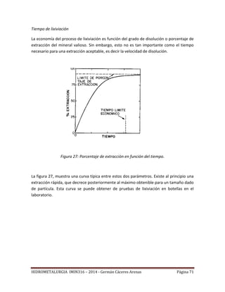 HIDROMETALURGIA IMIN316 – 2014 - Germán Cáceres Arenas Página 71
Tiempo de lixiviación
La economía del proceso de lixiviación es función del grado de disolución o porcentaje de
extracción del mineral valioso. Sin embargo, esto no es tan importante como el tiempo
necesario para una extracción aceptable, es decir la velocidad de disolución.
Figura 27: Porcentaje de extracción en función del tiempo.
La figura 27, muestra una curva típica entre estos dos parámetros. Existe al principio una
extracción rápida, que decrece posteriormente al máximo obtenible para un tamaño dado
de partícula. Esta curva se puede obtener de pruebas de lixiviación en botellas en el
laboratorio.
 