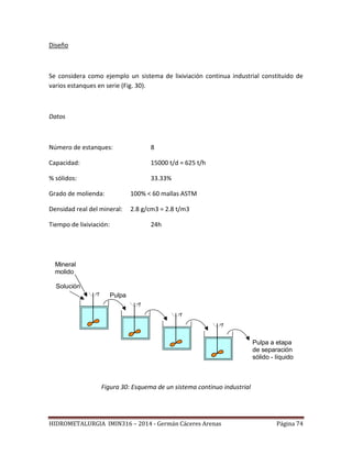 HIDROMETALURGIA IMIN316 – 2014 - Germán Cáceres Arenas Página 74
Diseño
Se considera como ejemplo un sistema de lixiviación continua industrial constituido de
varios estanques en serie (Fig. 30).
Datos
Número de estanques: 8
Capacidad: 15000 t/d = 625 t/h
% sólidos: 33.33%
Grado de molienda: 100% < 60 mallas ASTM
Densidad real del mineral: 2.8 g/cm3 = 2.8 t/m3
Tiempo de lixiviación: 24h
sólido - líquido
de separación
Mineral
molido
Solución
Pulpa
Pulpa a etapa
Figura 30: Esquema de un sistema continuo industrial
 