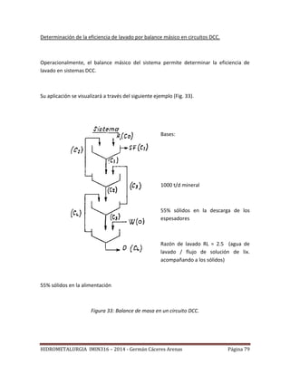 HIDROMETALURGIA IMIN316 – 2014 - Germán Cáceres Arenas Página 79
Determinación de la eficiencia de lavado por balance másico en circuitos DCC.
Operacionalmente, el balance másico del sistema permite determinar la eficiencia de
lavado en sistemas DCC.
Su aplicación se visualizará a través del siguiente ejemplo (Fig. 33).
Bases:
1000 t/d mineral
55% sólidos en la descarga de los
espesadores
Razón de lavado RL = 2.5 (agua de
lavado / flujo de solución de lix.
acompañando a los sólidos)
55% sólidos en la alimentación
Figura 33: Balance de masa en un circuito DCC.
 