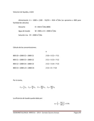 HIDROMETALURGIA IMIN316 – 2014 - Germán Cáceres Arenas Página 80
Volumen de líquidos, m3/d:
Alimentación A = 1000 x (100 - 55)/55 = 818 m3
/día (se aproxima a 800 para
facilidad de cálculos)
Descarte D = 818 m3
/día (800)
Agua de lavado W = 800 x 2.5 = 2000 m3
/día
Solución rica SF = 2000 m3
/día
Cálculo de las concentraciones:
o
800 C0 + 2000 C2 = 2800 C1 2 C0 + 5 C2 = 7 C1
800 C1 + 2000 C3 = 2800 C2 2 C1 + 5 C3 = 7 C2
800 C2 + 2000 C4 = 2800 C3 2 C2 + 5 C4 = 7 C3
800 C3 + 2000 x 0 = 2800 C4 2 C3 + 0 = 7 C4
Por lo tanto,
La eficiencia de lavado queda dada por:
 