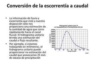 Conversión de la escorrentía a caudal 
• La información de lluvia y 
escorrentía que está a nuestra 
disposición sólo nos 
proporciona una estimación de 
la cantidad de agua que corre 
rápidamente hacia el canal 
fluvial. El hidrograma unitario 
brinda una estimación del 
caudal o flujo resultante. 
• Por ejemplo, si estamos 
trabajando en milímetros, el 
hidrograma unitario puede 
proporcionar na estimación del 
caudal que provocarían 25 mm 
de exceso de precipitación 
 