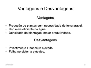 Vantagens e Desvantagens 
Vantagens 
• Produção de plantas sem necessidade de terra arável, 
• Uso mais eficiente da água, 
• Densidade da plantação, maior produtividade. 
Desvantagens 
• Investimento Financeiro elevado, 
• Falha no sistema eléctrico. 
25/08/2014 12 
 