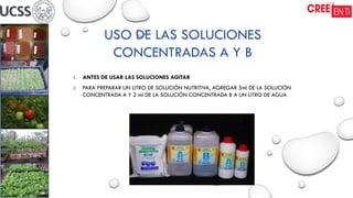 USO DE LAS SOLUCIONES
CONCENTRADAS A Y B
1. ANTES DE USAR LAS SOLUCIONES AGITAR
2. PARA PREPARAR UN LITRO DE SOLUCIÓN NUTRITIVA, AGREGAR 5ml DE LA SOLUCIÓN
CONCENTRADA A Y 2 ml DE LA SOLUCIÓN CONCENTRADA B A UN LITRO DE AGUA
 