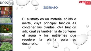 SUSTRATO
El sustrato es un material sólido e
inerte, cuya principal función es
contener las plantas, otra función
adicional es también la de contener
el agua y los nutrientes que
requiere la planta para su
desarrollo.
 