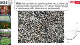 GRAVA: Está constituida por pequeñas partículas que se obtienen de
materiales triturados, las que se utilizan en la hidroponía miden alrededor de 1
a 2 mm de diámetro. La grava proporciona una excelente aireación; retención
de humedad es muy escasa, cercana a un 17% aproximadamente
 