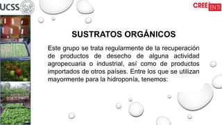 SUSTRATOS ORGÁNICOS
Este grupo se trata regularmente de la recuperación
de productos de desecho de alguna actividad
agropecuaria o industrial, así como de productos
importados de otros países. Entre los que se utilizan
mayormente para la hidroponía, tenemos:
 