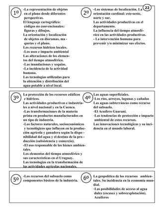 1º 2º -La representación de objetos  en el plano desde diferentes  perspectivas. El lenguaje cartográfico:  códigos no convencionales:  figuras y dibujos. La orientación y localización  de objetos en dioramas, ma -  quetas y el plano. Los recursos hídricos locales. -Los usos e impacto ambiental Las alteraciones de los elemen- tos del tiempo atmosférico. -Las inundaciones y sequías. -La incidencia de la actividad  humana. Las tecnologías utilizadas para  la obtención y distribución del agua potable a nivel local.  -Los sistemas de localización. La orientación cardinal: este-oeste, norte y sur. Las actividades productivas en el departamento. La influencia del tiempo atmosfé- rico en las actividades productivas. - La intervención humana para prevenir y/o minimizar sus efectos. 3º 4º La protección de los recursos edáficos e hídricos. Las actividades productivas e industria- les a nivel nacional y en la Cuenca. -Las transformaciones de la materia  prima en productos manufacturados en  un tipo de industria. -Los factores naturales, socioeconómicos y tecnológicos que influyen en la produc- ción agrícola y ganadera según la dispo - nibilidad del agua y el destino de la pro - ducción (subsistencia y comercio). -El uso responsable de los bienes ambien- tales.  Los elementos del tiempo atmosférico y  sus características en el Uruguay. Las tecnologías en la transformación de  las actividades agrícolas nacionales.  Las aguas superficiales. Los ríos, arroyos, lagunas y cañadas  Las aguas subterráneas como recurso  del subsuelo. El Acuífero Guaraní. Las tendencias de protección e impacto ambiental de estos recursos. Las innovaciones tecnológicas y su inci- dencia en el mundo laboral.  5º 6º -Los recursos del subsuelo como  componentes básicos de la industria. La geopolítica de los recursos  ambien- tales. Su incidencia en la economía mun- dial. Las posibilidades de acceso al agua  dulce (escasez y sobreexplotación). Acuíferos  22 