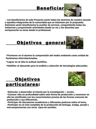 -Estimular y desarrollar el interés por la investigación – acción. -Conocer más en profundidad sobre esta forma de producción y reconocer en ella las similitudes con los conocimientos previos de las formas comunes de producción y sus diferencias. -Participar de discusiones académicas y diferentes posturas sobre el tema. -Participar en el ciclo completo de la producción de lechuga, acelga, perejil y microexperiencias con otros  tipos de semillas. Objetivos   particulares : - Promover en el alumno la comprensión del medio ambiente como unidad de fenómenos interrelacionados. - Lograr en el niño la actitud científica. - Habilitar al educando para el análisis y selección de tecnologías adecuadas. - Los beneficiarios de este Proyecto serán todos los alumnos de nuestra escuela y aquellos integrantes de la comunidad que se interesen por la propuesta. Asimismo serán beneficiarios la auxiliar de servicio, compartiendo todas las instancias y proponiendo actividades desde su rol, y los docentes que enriquecerán su tarea desde lo profesional. Beneficiarios : Objetivos  generales : 