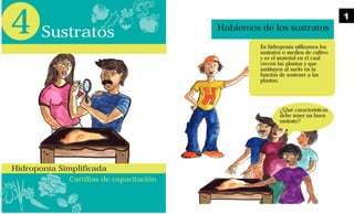 Cartillas de capacitación
4
Hidroponía Simplificada
Sustratos Hablemos de los sustratos
En hidroponía utilizamos los
sustratos o medios de cultivo
y es el material en el cual
crecen las plantas y que
sustituyen al suelo en la
función de sostener a las
plantas.
¿Qué características
debe tener un buen
sustrato?
1
 