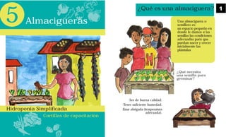 Cartillas de capacitación
5
Hidroponía Simplificada
Almacigueras
¿Qué es una almaciguera?
Una almaciguera o
semillero es:
un espacio pequeño en
donde le damos a las
semillas las condiciones
adecuadas para que
puedan nacer y crecer
inicialmente las
plántulas
¿Qué necesita
una semilla para
germinar?
·Ser de buena calidad.
·Tener suficiente humedad.
·Estar abrigada (temperatura
adecuada).
1
 