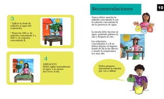 * Aplicar la dosis de
solución al agua del
contenedor.
* Poner los 500 cc de
solución concentrada A y
200 cc de solución
concentrada B.
AIREACION
Debes agitar manualmente
el agua, a lo menos
dos veces al día.
3
4
Recomendaciones
Las soluciones
concentradas A y B no
deben dejarse en lugares
donde les dé la luz directa
o donde la temperatura
sea muy alta.
Nunca debes mezclar la
solución concentrada A con
la solución concentrada B,
sin la presencia de agua.
La mezcla debe hacerse en
agua, poniendo primero la
una y después la otra .
Debes preparar
únicamente la solución
que vas a utilizar.
10
 