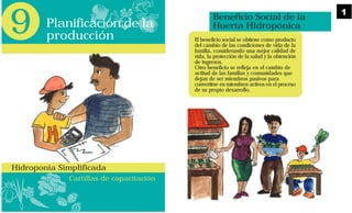 1
Cartillas de capacitación
9
Hidroponía Simplificada
Planificación de la
producción El beneficio social se obtiene como producto
del cambio de las condiciones de vida de la
familia, considerando una mejor calidad de
vida, la protección de la salud y la obtención
de ingresos.
Otro beneficio se refleja en el cambio de
actitud de las familias y comunidades que
dejan de ser miembros pasivos para
convertirse en miembros activos en el proceso
de su propio desarrollo.
Beneficio Social de la
Huerta Hidropónica
 