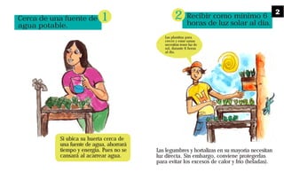 Cerca de una fuente de
agua potable.
Si ubica su huerta cerca de
una fuente de agua, ahorrará
tiempo y energía. Pues no se
cansará al acarrear agua.
1 Recibir como mínimo 6
horas de luz solar al día.
Las legumbres y hortalizas en su mayoría necesitan
luz directa. Sin embargo, conviene protegerlas
para evitar los excesos de calor y frío (heladas).
Las plantitas para
crecer y estar sanas
necesitan tener luz de
sol, durante 6 horas
al día.
2 2
 