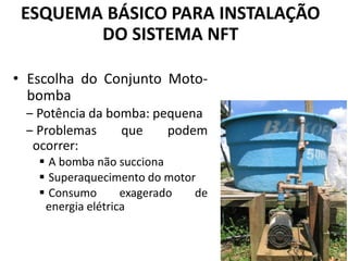 • Escolha do Conjunto Moto-
bomba
‒ Potência da bomba: pequena
‒ Problemas que podem
ocorrer:
▪ A bomba não succiona
▪ Superaquecimento do motor
▪ Consumo exagerado de
energia elétrica
ESQUEMA BÁSICO PARA INSTALAÇÃO
DO SISTEMA NFT
 