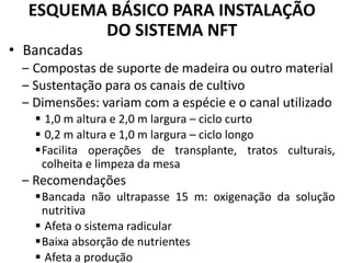 • Bancadas
‒ Compostas de suporte de madeira ou outro material
‒ Sustentação para os canais de cultivo
‒ Dimensões: variam com a espécie e o canal utilizado
▪ 1,0 m altura e 2,0 m largura – ciclo curto
▪ 0,2 m altura e 1,0 m largura – ciclo longo
▪Facilita operações de transplante, tratos culturais,
colheita e limpeza da mesa
‒ Recomendações
▪Bancada não ultrapasse 15 m: oxigenação da solução
nutritiva
▪ Afeta o sistema radicular
▪Baixa absorção de nutrientes
▪ Afeta a produção
ESQUEMA BÁSICO PARA INSTALAÇÃO
DO SISTEMA NFT
 