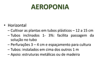 AEROPONIA
• Horizontal
‒ Cultivar as plantas em tubos plásticos – 12 a 15 cm
‒ Tubos inclinados 1- 3%: facilita passagem da
solução no tubo
‒ Perfurações 3 – 4 cm e espaçamento para cultura
‒ Tubos: instalados em cima dos outros 1 m
‒ Apoio: estruturas metálicas ou de madeira
 