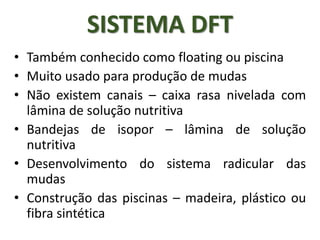 • Também conhecido como floating ou piscina
• Muito usado para produção de mudas
• Não existem canais – caixa rasa nivelada com
lâmina de solução nutritiva
• Bandejas de isopor – lâmina de solução
nutritiva
• Desenvolvimento do sistema radicular das
mudas
• Construção das piscinas – madeira, plástico ou
fibra sintética
SISTEMA DFT
 