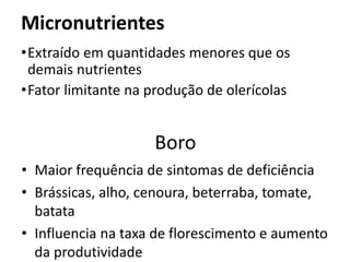 Micronutrientes
•Extraído em quantidades menores que os
demais nutrientes
•Fator limitante na produção de olerícolas
Boro
• Maior frequência de sintomas de deficiência
• Brássicas, alho, cenoura, beterraba, tomate,
batata
• Influencia na taxa de florescimento e aumento
da produtividade
 