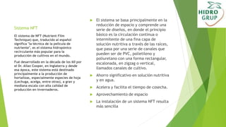 Sistema NFT
 El sistema se basa principalmente en la
reducción de espacio y comprende una
serie de diseños, en donde el principio
básico es la circulación continua o
intermitente de una fina capa de
solución nutritiva a través de las raíces,
que pasa por una serie de canales que
pueden ser de PVC, polietileno y
poliuretano con una forma rectangular,
escalonada, en zigzag o vertical,
llamados canales de cultivo.
 Ahorro significativo en solución nutritiva
y en agua.
 Acelera y facilita el tiempo de cosecha.
 Aprovechamiento de espacio
 La instalación de un sistema NFT resulta
más sencilla
El sistema de NFT (Nutrient Film
Technique) que, traducido al español
significa "la técnica de la película de
nutriente", es el sistema hidropónico
recirculante más popular para la
producción de cultivos en el mundo.
Fué desarrollado en la década de los 60 por
el Dr. Allan Cooper, en Inglaterra y desde
esa época, este sistema está destinado
principalmente a la producción de
hortalizas, especialmente especies de hoja
(Lechuga, acelga, entre otras), a gran y
mediana escala con alta calidad de
producción en invernaderos.
 