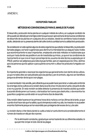 114                                                                                         ○       ○       ○       ○       ○       ○       ○       ○       ○       ○       ○       ○       ○
                                                                                                                                                                                                    HIDROPONÍA FAMILIAR



ANEXO1.

                                                                    HIDROPONÍA FAMILIAR

                        MÉTODOS NO CONVENCIONALES PARA EL MANEJO DE PLAGAS

El desarrollo y producción de las plantas en cualquier método de cultivo y en cualquier condición de
clima puede ser alterado por enemigos externos que buscan aprovecharse de las buenas condiciones
de desarrollo de las plantas en cualquiera de sus estados, desde los semilleros hasta el estado
adulto, afectando con su presencia dentro del cultivo tanto la cantidad como la calidad de la producción.

Se considerarán en este capítulo algunos de estos organismos que afectan el desarrollo y la producción
llamados plagas y se harán sugerencias para disminuir la intensidad de sus ataques hasta niveles
que económicamente no sean importantes, empleando ante todo métodos no tradicionales que
excluyan hasta donde sea posible el uso de insecticidas químicos, ya que en las condiciones de
hacinamiento en que vive el mayor porcentaje de los usuarios de esta técnica auspiciada por el
PNUD, podrían ser peligrosos para todo el grupo familiar, pero en especial para los niños, dañinos
para las personas que los aplican o para quienes consumen o utilizan los productos fumigados con
ellos.

Es importante aprender a reconocer los organismos que generalmente viven dentro de los cultivos,
ya que no todos ellos son perjudiciales para las plantas y por el contrario, algunos son benéficos
porque se alimentan de los que sí son plagas.

La recomendación más sencilla, pero eficiente que se puede hacer para tener un adecuado control de
los enemigos de los cultivos es la revisión diaria durante cinco minutos de la huerta o de parte de ella
si es muy grande. En esta revisión se debe detectar la presencia de insectos adultos que estén
buscando dónde poner sus huevos, o de localizar los huevos para destruirlos, o de encontrar los
gusanitos o pulgones cuando están en sus primeros días de desarrollo.

Esta revisión debe hacerse en las primeras horas de la mañana o en las últimas de la tarde, ya que
cuando el sol hace rato que ha salido y que la temperatura está muy alta, los insectos no se pueden
encontrar fácilmente porque se han escondido para protegerse del exceso de luz y de calor.

La revisión diaria o inter diaria dando la vuelta a toda la huerta disminuirá considerablemente el
número de insectos en ella por dos razones:

-               Por la eliminación constante y gradual que vamos haciendo de sus diferentes estados, lo
                que permite romper el ciclo vital de las plagas

○   ○   ○   ○   ○   ○   ○   ○   ○   ○   ○   ○   ○   ○   ○   ○   ○   ○   ○   ○   ○   ○   ○       ○       ○       ○       ○       ○       ○       ○       ○       ○       ○       ○       ○       ○    ○   ○   ○   ○   ○   ○   ○   ○   ○   ○


                                        Cultivo de Esperanzas con Rendimientos de Paz
 