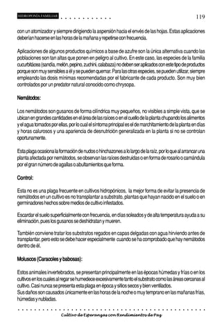 HIDROPONÍA FAMILIAR                         ○       ○       ○       ○       ○       ○       ○   ○   ○   ○   ○   ○                                                                                   119

con un atomizador y siempre dirigiendo la aspersión hacia el envés de las hojas. Estas aplicaciones
deberían hacerse en las horas de la mañana y repetirse con frecuencia.

Aplicaciones de algunos productos químicos a base de azufre son la única alternativa cuando las
poblaciones son tan altas que ponen en peligro al cultivo. En este caso, las especies de la familia
cucurbitácea (sandía, melón, pepino, zuchini, calabaza) no deben ser aplicados con este tipo de productos
porque son muy sensibles a él y se pueden quemar. Para las otras especies, se pueden utilizar, siempre
empleando las dosis mínimas recomendadas por el fabricante de cada producto. Son muy bien
controlados por un predator natural conocido como chrysopa.

Nemátodos:
Nemátodos:

Los nemátodos son gusanos de forma cilíndrica muy pequeños, no visibles a simple vista, que se
ubican en grandes cantidades en el área de las raíces o en el cuello de la planta chupando los alimentos
y el agua tomados por ellas, por lo cual el síntoma principal es el de marchitamiento de la planta en días
y horas calurosos y una apariencia de desnutrición generalizada en la planta si no se controlan
oportunamente.

Esta plaga ocasiona la formación de nudos o hinchazones a lo largo de la raíz, por lo que al arrancar una
planta afectada por nemátodos, se observan las raíces destruidas o en forma de rosario o camándula
por el gran número de agallas o abultamientos que forma.

Control:
Control:

Esta no es una plaga frecuente en cultivos hidropónicos, la mejor forma de evitar la presencia de
nemátodos en un cultivo es no transplantar a substrato, plantas que hayan nacido en el suelo o en
germinadores hechos sobre medios de cultivo infestados.

Escardar el suelo superficialmente con frecuencia, en días soleados y de alta temperatura ayuda a su
eliminación, pues los gusanos se deshidratan y mueren.

También conviene tratar los substratos regados en capas delgadas con agua hirviendo antes de
transplantar, pero esto se debe hacer especialmente cuando se ha comprobado que hay nemátodos
dentro de él.

                      babosas):
Moluscos (Caracoles y babosas):

Estos animales invertebrados, se presentan principalmente en las épocas húmedas y frías o en los
cultivos en los cuales al regar se humedece excesivamente tanto el substrato como las áreas cercanas al
cultivo. Casi nunca se presenta esta plaga en época y sitios secos y bien ventilados.
Sus daños son causados únicamente en las horas de la noche o muy temprano en las mañanas frías,
húmedas y nubladas.
○   ○   ○   ○   ○   ○   ○   ○   ○   ○   ○       ○       ○       ○       ○       ○       ○   ○   ○   ○   ○   ○   ○   ○   ○   ○   ○   ○   ○   ○   ○   ○   ○   ○   ○   ○   ○   ○   ○   ○   ○   ○   ○   ○   ○   ○


                                        Cultivo de Esperanzas con Rendimientos de Paz
 