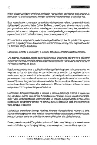 16                                                                                          ○       ○       ○       ○       ○       ○       ○       ○       ○       ○       ○       ○       ○
                                                                                                                                                                                                    HIDROPONÍA FAMILIAR



porque ella es muy exigente en voluntad, dedicación y constancia de las personas que la enseñan, la
promueven y la practican como una forma de contribuir al mejoramiento de la calidad de vida.

Estas tres cualidades humanas son los requisitos más importantes y a la vez los que más limitan la
rápida adopción productiva de Los Cultivos Sin Tierra; una opción para alimentar mejor a la familia,
para ganar dinero dentro de la misma vivienda y para demostrar, cuando se quiere, que todas las
personas, incluso con pocos ingresos y baja escolaridad, pueden llegar a ser pequeños empresarios
capaces de crecer en todas las formas en que una persona puede hacerlo.

Con esta técnica, se aprovecha productivamente parte del tiempo libre del que disponen algunas
personas, que por lo general es desaprovechado en actividades que poco ayudan a mejorar el bienestar
y al desarrollo integral de la familia.

Es necesario fomentar la producción y el consumo de hortalizas en la familia Latinoamericana.

Una dieta rica en vegetales, frutas y granos diariamente es fundamental para proveer al organismo
humano con vitaminas, minerales, fibras y carbohidratos necesarios y así ayudar a bajar el consumo
y el negativo efecto de las grasas.

Desafortunadamente entre la población de la mayoría de los países latinoamericanos, los
vegetales son los más ignorados y los que reciben menos atención. Los vegetales de hojas
verde oscuro ayudan a combatir enfermedades: Los investigadores han descubierto que las
personas que comen muchos alimentos ricos en carotenos, particularmente las hojas verdes,
tienen 43% menos riesgo de desarrollar enfermedades. En otro estudio de 13 años, con hombres
cuyos niveles de carotenos eran altos, se observaron 36% menos ataques cardíacos o muertes
comparados con los que comían pocas hortalizas.

Las hortalizas de hoja como la acelga, la escarola, la espinaca, la lechuga, el perejil, el repollo, son
muy agradables cuando están tiernos. A medida que las hortalizas crecen, se vuelven amargos,
duros y ya no son tan apetitosos si se comen crudos. Sin embargo, cualquier vegetal de hojas verdes
puede usarse para preparar comidas y si son muy duros, se cocinan un poco, preferiblemente al
vapor, para que se ablanden.

Las hortalizas proporcionan al cuerpo vitaminas, minerales y fibras añadiendo volumen a la dieta.
Algunas sustancias presentes en las hortalizas han demostrado ser capaces de prevenir enfermedades,
pues son fuente de elementos anti oxidantes, que impiden daños a las células humanas.

El cuerpo necesita cerca de 400 mg diarios de vitamina C, de los cuales 350 mg pueden encontrarse en
una taza de fríjoles negros o lentejas y 260 mg pueden conseguirse con una servida de espinacas.



○   ○   ○   ○   ○   ○   ○   ○   ○   ○   ○   ○   ○   ○   ○   ○   ○   ○   ○   ○   ○   ○   ○       ○       ○       ○       ○       ○       ○       ○       ○       ○       ○       ○       ○       ○    ○   ○   ○   ○   ○   ○   ○   ○   ○   ○


                                        Cultivo de Esperanzas con Rendimientos de Paz
 