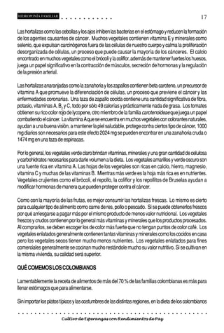 HIDROPONÍA FAMILIAR                         ○       ○       ○       ○       ○       ○       ○   ○   ○   ○   ○   ○                                                                                       17

Las hortalizas como las cebollas y los ajos inhiben las bacterias en el estómago y reducen la formación
de los agentes causantes de cáncer. Muchos vegetales contienen vitamina E y minerales como
selenio, que expulsan carcinógenos fuera de las células de nuestro cuerpo y calma la proliferación
desorganizada de células, un proceso que puede causar la mayoría de los cánceres. El calcio
encontrado en muchos vegetales como el brócoli y la coliflor, además de mantener fuertes los huesos,
juega un papel significativo en la contracción de músculos, secreción de hormonas y la regulación
de la presión arterial.

Las hortalizas anaranjadas como la zanahoria y los zapallos contienen beta caroteno, un precursor de
vitamina A que promueve la diferenciación de células, un proceso que previene el cáncer y las
enfermedades coronarias. Una taza de zapallo cocida contiene una cantidad significativa de fibra,
potasio, vitaminas A, B2 y C, todo por sólo 49 calorías y prácticamente nada de grasa. Los tomates
obtienen su rico color rojo de lycopene, otro miembro de la familia carotenoideae que juega un papel
combatiendo el cáncer. La vitamina A que se encuentra en muchos vegetales con colorantes naturales,
ayudan a una buena visión, a mantener la piel saludable, protege contra ciertos tipo de cáncer, 1000
mg diarios son necesarios para este efecto 2024 mg se pueden encontrar en una zanahoria cruda o
1474 mg en una taza de espinacas.

Por lo general, los vegetales verde claro brindan vitaminas, minerales y una gran cantidad de celulosa
y carbohidratos necesarios para darle volumen a la dieta. Los vegetales amarillos y verde oscuro son
una fuente rica en vitamina A. Las hojas de los vegetales son ricas en calcio, hierro, magnesio,
vitamina C y muchas de las vitaminas B. Mientras más verde es la hoja más rica es en nutrientes.
Vegetales crujientes como el brócoli, el repollo, la coliflor y los repollitos de Bruselas ayudan a
modificar hormonas de manera que pueden proteger contra el cáncer.

Como con la mayoría de las frutas, es mejor consumir las hortalizas frescas. Lo mismo es cierto
para cualquier tipo de alimento como carne de res, pollo o pescado. Si se puede obtenerlos frescos
por qué arriesgarse a pagar más por el mismo producto de menos valor nutricional. Los vegetales
frescos y crudos contienen por lo general más vitaminas y minerales que los productos procesados.
Al comprarlos, se deben escoger los de color más fuerte que no tengan puntos de color café. Los
vegetales enlatados generalmente contienen tantas vitaminas y minerales como los cocidos en casa
pero los vegetales secos tienen mucho menos nutrientes. Los vegetales enlatados para fines
comerciales generalmente se cocinan mucho restándole mucho su valor nutritivo. Si se cultivan en
la misma vivienda, su calidad será superior.

QUÉ COMEMOS LOS COLOMBIANOS

Lamentablemente la receta de alimentos de más del 70 % de las familias colombianas es más para
llenar estómagos que para alimentarse.

Sin importar los platos típicos y las costumbres de las distintas regiones, en la dieta de los colombianos
○   ○   ○   ○   ○   ○   ○   ○   ○   ○   ○       ○       ○       ○       ○       ○       ○   ○   ○   ○   ○   ○   ○   ○   ○   ○   ○   ○   ○   ○   ○   ○   ○   ○   ○   ○   ○   ○   ○   ○   ○   ○   ○   ○   ○   ○


                                        Cultivo de Esperanzas con Rendimientos de Paz
 