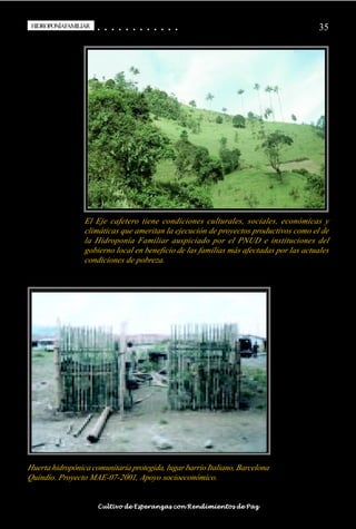 HIDROPONÍAFAMILIAR
 HIDROPONÍA FAMILIAR                         ○
                                             ○       ○
                                                     ○       ○
                                                             ○       ○
                                                                     ○       ○
                                                                             ○       ○
                                                                                     ○       ○
                                                                                             ○   ○
                                                                                                 ○   ○
                                                                                                     ○   ○
                                                                                                         ○   ○
                                                                                                             ○   ○
                                                                                                                 ○                                                                                       35




                                    El Eje cafetero tiene condiciones culturales, sociales, económicas y
                                    climáticas que ameritan la ejecución de proyectos productivos como el de
                                    la Hidroponía Familiar auspiciado por el PNUD e instituciones del
                                    gobierno local en beneficio de las familias más afectadas por las actuales
                                    condiciones de pobreza.




Huerta hidropónica comunitaria protegida, lugar barrio Italiano, Barcelona
Quindío. Proyecto MAE-07-2001, Apoyo socioeconómico.

○   ○   ○   ○   ○   ○   ○   ○   ○    ○   ○       ○       ○       ○       ○       ○       ○   ○   ○   ○   ○   ○   ○   ○   ○   ○   ○   ○   ○   ○   ○   ○   ○   ○   ○   ○   ○   ○   ○   ○   ○   ○   ○   ○   ○   ○


                                         Cultivo de Esperanzas con Rendimientos de Paz
 