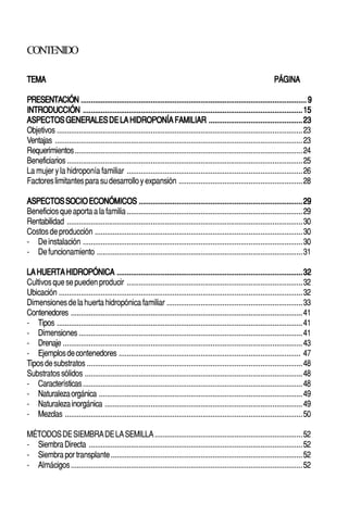 CONTENIDO

TEMA                                                                                                                 PÁGINA

PRESENTACIÓN ................................................................................................................. 9
INTRODUCCIÓN .............................................................................................................. 15
ASPECTOS GENERALES DE LA HIDROPONÍA FAMILIAR ............................................... 23
Objetivos ...........................................................................................................................23
Ventajas ............................................................................................................................23
Requerimientos ..................................................................................................................24
Beneficiarios ......................................................................................................................25
La mujer y la hidroponía familiar ........................................................................................26
Factores limitantes para su desarrollo y expansión ..............................................................28

ASPECTOS SOCIO ECONÓMICOS .................................................................................. 29
Beneficios que aporta a la familia ........................................................................................29
Rentabilidad ......................................................................................................................30
Costos de producción ........................................................................................................30
- De instalación ..............................................................................................................30
- De funcionamiento .......................................................................................................31

LA HUERTA HIDROPÓNICA ............................................................................................. 32
Cultivos que se pueden producir ........................................................................................32
Ubicación ..........................................................................................................................32
Dimensiones de la huerta hidropónica familiar ....................................................................33
Contenedores ....................................................................................................................41
- Tipos ...........................................................................................................................41
- Dimensiones ................................................................................................................41
- Drenaje ........................................................................................................................43
- Ejemplos de contenedores ........................................................................................... 47
Tipos de substratos ............................................................................................................48
Substratos sólidos .............................................................................................................48
- Características ..............................................................................................................48
- Naturaleza orgánica ......................................................................................................49
- Naturaleza inorgánica ...................................................................................................49
- Mezclas .......................................................................................................................50

MÉTODOS DE SIEMBRA DE LA SEMILLA ..........................................................................52
- Siembra Directa ...........................................................................................................52
- Siembra por transplante ................................................................................................52
- Almácigos ....................................................................................................................52
 