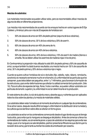 50                                                                                           ○       ○       ○       ○       ○       ○       ○       ○       ○       ○       ○       ○       ○
                                                                                                                                                                                                     HIDROPONÍA FAMILIAR



Mezclas de substratos:

Los materiales mencionados se pueden utilizar solos, pero es recomendable utilizar mezclas de
algunos de ellos en diferentes proporciones.

Las mezclas más recomendadas de acuerdo con los ensayos hechos en varios lugares de El Eje
Cafetero y América Latina con más de 20 especies de hortalizas son:

1.               50% de cáscara de arroz con 50% de piedra pómez (espuma de lava volcánica).

2.               50% de cáscara de arroz, 30 % de lava volcánica y 20% de aserrín.

3.               60% de cáscara de arroz con 40% de arena de río.

4.               60% de cáscara de arroz con 40% de lava volcánica.

5.               50% de cáscara de arroz, 40% de lava volcánica y 10% de aserrín de madera (blanca o
                 amarilla. No se deben utilizar los aserrines de maderas rojas ni los de pino).

En Centroamérica la proporción más utilizada ha sido 50% de piedra pómez y 50% de cascarilla de
arroz; aunque también ha dado buenos resultados una mezcla hecha con 50 % de cascarilla de
arroz, 30 % de piedra pómez y 20% de lava volcánica rojo o negro.

Cuando se quiere cultivar hortalizas de raíz o de bulbo (Ajo, cebolla, nabo, rábano, remolacha,
zanahoria) es necesario esmerarse mucho en el tamaño y la uniformidad de las partículas que los
componen, pues éstos deben ser pequeños, entre 1 y 7 milímetros, para favorecer la formación de
las estructuras y para evitar deformaciones que afectan la calidad comercial de la producción. (foto
16). Para el cultivo de especies de hoja, flores, frutos o semillas, se pueden utilizar substratos con
partículas de tamaño superior y la uniformidad no es tan determinante en la producción.

En este sistema de cultivo, la raíz de la planta crece y absorbe agua y nutrientes que son aplicados
todos los días sobre las plantas y la mezcla de materiales sólidos.

Los substratos deben estar húmedos en el momento de echarlos en cualquier tipo de contenedores.
Si se echan secos, después resulta difícil conseguir uniformidad en la distribución de la humedad y
los cultivos que se siembran sobre ellos se afectan en forma grave.

Los substratos se echan en los contenedores comenzando desde el lugar donde se puso el drenaje
hacia atrás, para evitar que la manguera se despegue del plástico. Antes de comenzar a llenar los
contenedores de madera, es conveniente poner un poco de substrato en las esquinas para evitar ese
riesgo, pues si la manguera se sale del plástico, podrían presentarse filtraciones que disminuyen la
duración de la cama y por lo tanto aumentan los costos de amortización por cosecha.

○    ○   ○   ○   ○   ○   ○   ○   ○   ○   ○   ○   ○   ○   ○   ○   ○   ○   ○   ○   ○   ○   ○       ○       ○       ○       ○       ○       ○       ○       ○       ○       ○       ○       ○       ○    ○   ○   ○   ○   ○   ○   ○   ○   ○   ○


                                         Cultivo de Esperanzas con Rendimientos de Paz
 