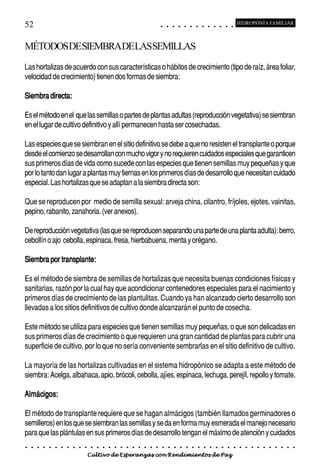 52                                                                                          ○       ○       ○       ○       ○       ○       ○       ○       ○       ○       ○       ○       ○
                                                                                                                                                                                                    HIDROPONÍA FAMILIAR



MÉTODOSDESIEMBRADELASSEMILLAS
Las hortalizas de acuerdo con sus características o hábitos de crecimiento (tipo de raíz, área foliar,
velocidad de crecimiento) tienen dos formas de siembra:

Siembra directa:

Es el método en el que las semillas o partes de plantas adultas (reproducción vegetativa) se siembran
en el lugar de cultivo definitivo y allí permanecen hasta ser cosechadas.

Las especies que se siembran en el sitio definitivo se debe a que no resisten el transplante o porque
desde el comienzo se desarrollan con mucho vigor y no requieren cuidados especiales que garanticen
sus primeros días de vida como sucede con las especies que tienen semillas muy pequeñas y que
por lo tanto dan lugar a plantas muy tiernas en los primeros días de desarrollo que necesitan cuidado
especial. Las hortalizas que se adaptan a la siembra directa son:

Que se reproducen por medio de semilla sexual: arveja china, cilantro, fríjoles, ejotes, vainitas,
pepino, rabanito, zanahoria. (ver anexos).

De reproducción vegetativa (las que se reproducen separando una parte de una planta adulta): berro,
cebollín o ajo cebolla, espinaca, fresa, hierbabuena, menta y orégano.

Siembra por transplante:

Es el método de siembra de semillas de hortalizas que necesita buenas condiciones físicas y
sanitarias, razón por la cual hay que acondicionar contenedores especiales para el nacimiento y
primeros días de crecimiento de las plantulitas. Cuando ya han alcanzado cierto desarrollo son
llevadas a los sitios definitivos de cultivo donde alcanzarán el punto de cosecha.

Este método se utiliza para especies que tienen semillas muy pequeñas, o que son delicadas en
sus primeros días de crecimiento o que requieren una gran cantidad de plantas para cubrir una
superficie de cultivo, por lo que no sería conveniente sembrarlas en el sitio definitivo de cultivo.

La mayoría de las hortalizas cultivadas en el sistema hidropónico se adapta a este método de
siembra: Acelga, albahaca, apio, brócoli, cebolla, ajíes, espinaca, lechuga, perejíl, repollo y tomate.

Almácigos:
Almácigos:

El método de transplante requiere que se hagan almácigos (también llamados germinadores o
semilleros) en los que se siembran las semillas y se da en forma muy esmerada el manejo necesario
para que las plántulas en sus primeros días de desarrollo tengan el máximo de atención y cuidados
○   ○   ○   ○   ○   ○   ○   ○   ○   ○   ○   ○   ○   ○   ○   ○   ○   ○   ○   ○   ○   ○   ○       ○       ○       ○       ○       ○       ○       ○       ○       ○       ○       ○       ○       ○    ○   ○   ○   ○   ○   ○   ○   ○   ○   ○


                                        Cultivo de Esperanzas con Rendimientos de Paz
 
