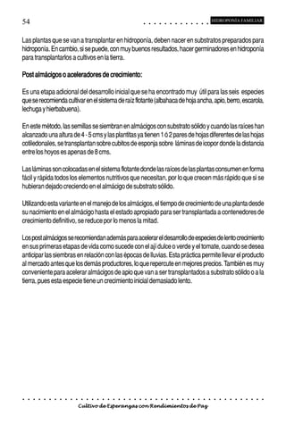54                                                                                          ○       ○       ○       ○       ○       ○       ○       ○       ○       ○       ○       ○       ○
                                                                                                                                                                                                    HIDROPONÍA FAMILIAR



Las plantas que se van a transplantar en hidroponía, deben nacer en substratos preparados para
hidroponía. En cambio, si se puede, con muy buenos resultados, hacer germinadores en hidroponía
para transplantarlos a cultivos en la tierra.

Post almácigos o aceleradores de crecimiento:

Es una etapa adicional del desarrollo inicial que se ha encontrado muy útil para las seis especies
que se recomienda cultivar en el sistema de raíz flotante (albahaca de hoja ancha, apio, berro, escarola,
lechuga y hierbabuena).

En este método, las semillas se siembran en almácigos con substrato sólido y cuando las raíces han
alcanzado una altura de 4 - 5 cms y las plantitas ya tienen 1 ó 2 pares de hojas diferentes de las hojas
cotiledonales, se transplantan sobre cubitos de esponja sobre láminas de icopor donde la distancia
entre los hoyos es apenas de 8 cms.

Las láminas son colocadas en el sistema flotante donde las raíces de las plantas consumen en forma
fácil y rápida todos los elementos nutritivos que necesitan, por lo que crecen más rápido que si se
hubieran dejado creciendo en el almácigo de substrato sólido.

Utilizando esta variante en el manejo de los almácigos, el tiempo de crecimiento de una planta desde
su nacimiento en el almácigo hasta el estado apropiado para ser transplantada a contenedores de
crecimiento definitivo, se reduce por lo menos la mitad.

Los post almácigos se recomiendan además para acelerar el desarrollo de especies de lento crecimiento
en sus primeras etapas de vida como sucede con el ají dulce o verde y el tomate, cuando se desea
anticipar las siembras en relación con las épocas de lluvias. Esta práctica permite llevar el producto
al mercado antes que los demás productores, lo que repercute en mejores precios. También es muy
conveniente para acelerar almácigos de apio que van a ser transplantados a substrato sólido o a la
tierra, pues esta especie tiene un crecimiento inicial demasiado lento.




○   ○   ○   ○   ○   ○   ○   ○   ○   ○   ○   ○   ○   ○   ○   ○   ○   ○   ○   ○   ○   ○   ○       ○       ○       ○       ○       ○       ○       ○       ○       ○       ○       ○       ○       ○    ○   ○   ○   ○   ○   ○   ○   ○   ○   ○


                                        Cultivo de Esperanzas con Rendimientos de Paz
 