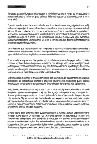 HIDROPONÍA FAMILIAR                         ○       ○       ○       ○       ○       ○       ○   ○   ○   ○   ○   ○                                                                                       97

el plástico a la estructura para evitar que con el movimiento del aire se rompa por los pegues) y se
programa el personal (mínimo 4) para las horas de la madrugada o del atardecer (cuando el sol ya
haya caído).

El plástico enrollado se sube al alero más alto (o al único si es de una sola agua) y el extremo se fija
en forma muy pareja sobre uno de los extremos frontales de la estructura dejando un excedente de
30 cms. al frente y un borde de 10 cms. en la parte más alta. Cuando ya está fijado de ese extremo,
se empieza a extender el plástico hacia atrás hasta llegar al segundo bajante, templando fuertemente
el plástico a lo largo y a lo ancho. Se fija con los clavos, chinches o grapas y se sigue avanzando
hacia atrás hasta llegar al último bajante. Allí se fija el extremo final, que debería permitir también un
sobrante de por lo menos 30 cms.

En cada tramo que se avanza debe irse templando el plástico y conservando su verticalidad y
horizontalidad, pues si esto no se vigila, al final pueden resultar bolsas o arrugas que acumularán
agua, o habrá un faltante de plástico para un tramo del último cuadro.

Cuando se tiene un poco más de experiencia y con suficiente personal de apoyo, se fija uno de los
extremos frontales de la lámina plástica, se extiende toda a lo largo y a lo ancho, se va fijando en la
parte superior y posteriormente se templa muy bien, tensionando desde la parte baja y del extremo
que aún no se ha pegado, se asegura en estos lados y posteriormente, con la ayuda de una tabla y un
operario liviano, se hacen los pegues a lo largo de los bajantes.

Si la temperatura lo permite, se procede con el alero bajo si lo hubiera. En caso contrario, se suspende
la colocación de plástico hasta la tarde o el amanecer siguiente, pues los plásticos que se colocan
con exceso de temperatura en zonas tropicales tienen el riesgo de romperse más rápidamente.

Después de colocado el plástico se procede a cubrir la parte frontal y lateral de la cubierta utilizando
el agribón o agronet (tela de algodón no tejida) o Termagro (la malla que tiene un porcentaje de fibra
sintética que le da mayor resistencia y duración) o la malla “antivirus”. Se recomienda que en la parte
más baja (entre 60 y 80 cms. medidos desde el suelo) se coloque una banda de plástico de cualquier
color, para evitar los daños que producen sobre la malla las salpicaduras de agua que caen del techo,
aunque se ha dejado un sobrante de 30 cms. (mínimo) para evitar que el agua recogida en él caiga
directamente sobre la pared de la cubierta.

Al frente de uno de los extremos (el que quede más cerca de la vivienda), se hace un pequeño recinto
con doble puerta (dejando un espacio de 1.00 a 1.50 entre la primera y la segunda) que servirá de área
de revisión de cada persona antes de ingresar al cultivo, con el fin de evitar excesivas entradas de
insectos o de suciedad en los pies. Este recinto debe formar parte de la estructura de la cubierta. No es
independiente. Sus cierres deben ser lo más herméticos posibles y las puertas no deben ser abiertas
simultáneamente, pues en ese caso no estarían cumpliendo su función preventiva.


○   ○   ○   ○   ○   ○   ○   ○   ○   ○   ○       ○       ○       ○       ○       ○       ○   ○   ○   ○   ○   ○   ○   ○   ○   ○   ○   ○   ○   ○   ○   ○   ○   ○   ○   ○   ○   ○   ○   ○   ○   ○   ○   ○   ○   ○


                                        Cultivo de Esperanzas con Rendimientos de Paz
 