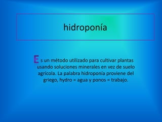 hidroponía


 s un método utilizado para cultivar plantas
usando soluciones minerales en vez de suelo
agrícola. La palabra hidroponía proviene del
   griego, hydro = agua y ponos = trabajo.
 