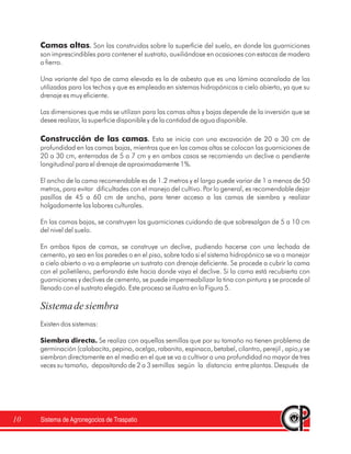 Sistema de Agronegocios de Traspatio10
Camas altas
Construcción de las camas
.
.
Son las construidas sobre la superficie del suelo, en donde las guarniciones
son imprescindibles para contener el sustrato, auxiliándose en ocasiones con estacas de madera
o fierro.
Una variante del tipo de cama elevada es la de asbesto que es una lámina acanalada de las
utilizadas para los techos y que es empleada en sistemas hidropónicos a cielo abierto, ya que su
drenaje es muy eficiente.
Las dimensiones que más se utilizan para las camas altas y bajas depende de la inversión que se
desee realizar, la superficie disponible y de la cantidad de agua disponible.
Esta se inicia con una excavación de 20 a 30 cm de
profundidad en las camas bajas, mientras que en las camas altas se colocan las guarniciones de
20 a 30 cm, enterradas de 5 a 7 cm y en ambos casos se recomienda un declive o pendiente
longitudinal para el drenaje de aproximadamente 1%.
El ancho de la cama recomendable es de 1.2 metros y el largo puede variar de 1 a menos de 50
metros, para evitar dificultades con el manejo del cultivo. Por lo general, es recomendable dejar
pasillos de 45 a 60 cm de ancho, para tener acceso a las camas de siembra y realizar
holgadamente las labores culturales.
En las camas bajas, se construyen las guarniciones cuidando de que sobresalgan de 5 a 10 cm
del nivel del suelo.
En ambos tipos de camas, se construye un declive, pudiendo hacerse con una lechada de
cemento, ya sea en las paredes o en el piso, sobre todo si el sistema hidropónico se va a manejar
a cielo abierto o va a emplearse un sustrato con drenaje deficiente. Se procede a cubrir la cama
con el polietileno, perforando éste hacia donde vaya el declive. Si la cama está recubierta con
guarniciones y declives de cemento, se puede impermeabilizar la tina con pintura y se procede al
llenado con el sustrato elegido. Este proceso se ilustra en la Figura 5.
Existen dos sistemas:
Se realiza con aquellas semillas que por su tamaño no tienen problema de
germinación (calabacita, pepino, acelga, rabanito, espinaca, betabel, cilantro, perejil , apio,
Sistemadesiembra
Siembra directa.
y se
siembran directamente en el medio en el que se va a cultivar a una profundidad no mayor de tres
veces su tamaño, depositando de 2 a 3 semillas según la distancia entre plantas. Después de
 