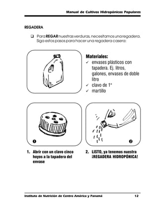 Manual de Cultivos Hidropónicos Populares



REGADERA

   q Para REGAR nuestras verduras, necesitamos una regadera.
     Siga estos pasos para hacer una regadera casera:



                                      Materiales:
                                      ü envases plásticos con
                                        tapadera. Ej. litros,
                                        galones, envases de doble
                                        litro
                                      ü clavo de 1"
                                      ü martillo




    Œ                                                       

 1. Abrir con un clavo cinco          2. LISTO, ya tenemos nuestra
    hoyos a la tapadera del              ¡REGADERA HIDROPÓNICA!
    envase




Instituto de Nutrición de Centro América y Panamá               12
 