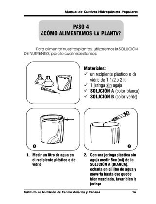 Manual de Cultivos Hidropónicos Populares



                     PASO 4
          ¿CÓMO ALIMENTAMOS LA PLANTA?

      Para alimentar nuestras plantas, utilizaremos la SOLUCIÓN
DE NUTRIENTES, para lo cual necesitamos:



                                      Materiales:
                                      ü un recipiente plástico o de
                                        vidrio de 1 1/2 o 2 lt
                                      ü 1 jeringa sin aguja
                                      ü SOLUCIÓN A (color blanco)
                                      ü SOLUCIÓN B (color verde)




     Œ                                                          
 1. Medir un litro de agua en         2. Con una jeringa plástica sin
    el recipiente plástico o de          aguja medir 5cc (ml) de la
    vidrio                               SOLUCIÓN A (BLANCA),
                                         echarla en el litro de agua y
                                         moverla hasta que quede
                                         bien mezclada. Lavar bien la
                                         jeringa

Instituto de Nutrición de Centro América y Panamá                   16
 