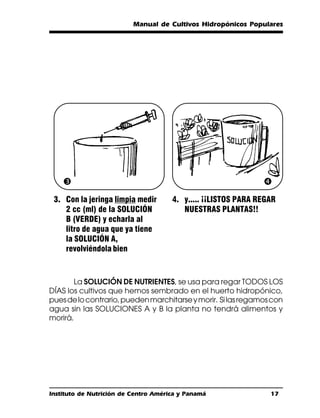 Manual de Cultivos Hidropónicos Populares




    Ž                                                          
 3. Con la jeringa limpia medir       4. y..... ¡¡LISTOS PARA REGAR
    2 cc (ml) de la SOLUCIÓN             NUESTRAS PLANTAS!!
    B (VERDE) y echarla al
    litro de agua que ya tiene
    la SOLUCIÓN A,
    revolviéndola bien



       La SOLUCIÓN DE NUTRIENTES, se usa para regar TODOS LOS
DÍAS los cultivos que hemos sembrado en el huerto hidropónico,
pues de lo contrario, pueden marchitarse y morir. Si las regamos con
agua sin las SOLUCIONES A y B la planta no tendrá alimentos y
morirá.




Instituto de Nutrición de Centro América y Panamá                17
 